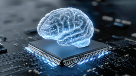 A futuristic visualization showcasing a luminous brain hologram entwined with a radiant microchip...