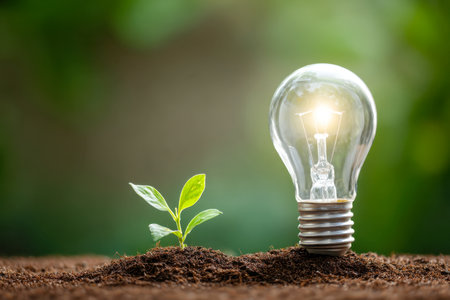 A vibrant seedling emerges in rich soil alongside a luminous bulb, capturing the essence of eco-friendly innovation and fresh energy concepts amidst a soft-focused nの写真素材