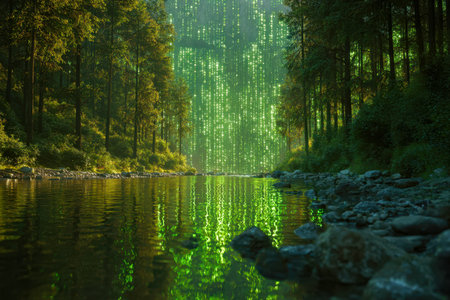 A tranquil woodland stream reflects the early morning light, with neon green digital rain cascading...