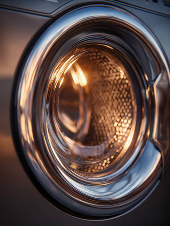 Reflection of gentle sunset hues dances on sleek metal of a contemporary washing machine?s glass door, revealing a textured drum inside brightened by cozy home lightの写真素材