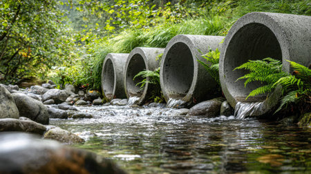 Bright, sturdy conduits direct sparkling water into a peaceful woodland soak, framed by lush...