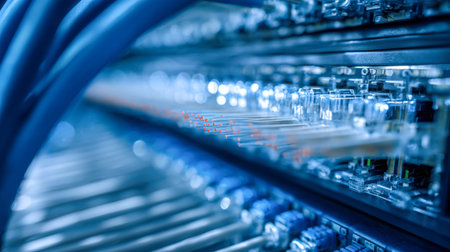 High-tech data center setup featuring sleek servers interconnected by glowing blue optic fiber links...