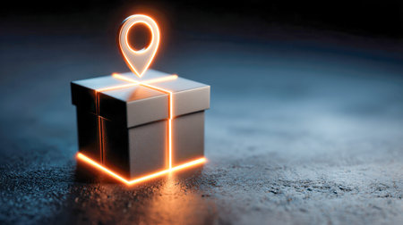 A sleek, high-tech black package emits a luminous glow, featuring a bright destination icon that...