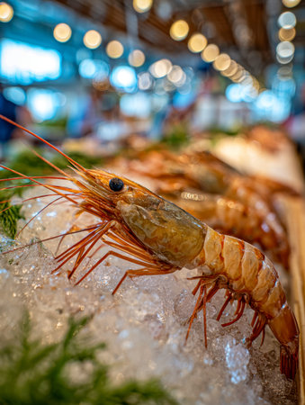 Succulent shrimp glisten atop icy bed, set against a softly blurred market scene illuminated by warm...