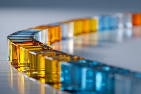 Vibrant yellow and blue glass blocks form flowing arches, shimmering with light on a sleek surface,...