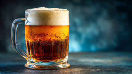 A warm, inviting drink with rich amber hues rests in a clear glass mug, crowned with a thick, frothy...