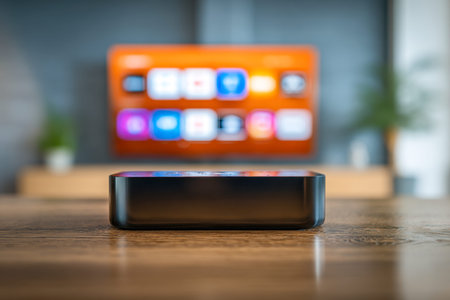 A sleek, minimalist streaming gadget rests atop a warm wooden surface, with a softly blurred screen...