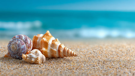 Vibrant shells lie nestled in soft sand, with tranquil azure waves gently fading into the distance,...