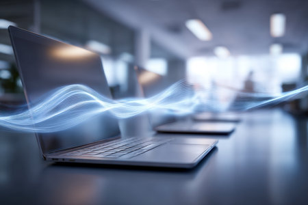 A sleek laptop sits on a contemporary workspace, accentuated by vibrant digital wave patterns illustrating swift connectivity and cutting-edge tech interactions.の写真素材