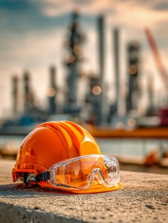 A vibrant orange helmet and transparent safety glasses sit on rough concrete, illuminated by sunset hues, with industrial machinery softly fading into the backgroundの写真素材