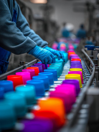 A technician in protective blue gloves meticulously arranges vivid ceramic cups on a high-speed conveyor, ensuring precision in a bustling quality assurance environmの写真素材