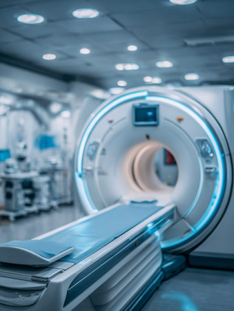 A sleek mri device stands prominently in a luminous clinical space, with a prepared patient bed...