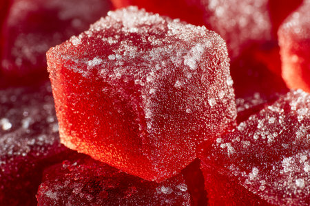 A tempting array of crimson jelly candies, their glossy surfaces shimmering under bright light, featuring textured sugar crystals that invite indulgence and delight.の写真素材