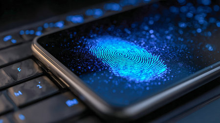 A sleek smartphone illuminated by a soft glow reveals a striking blue biometric pattern, nestled on a luminous keyboard, emphasizing cutting-edge digital access.の写真素材