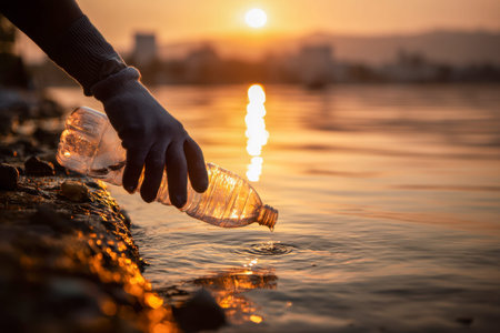 A tranquil scene of an individual releasing water into a serene lake as the sun sets, casting...