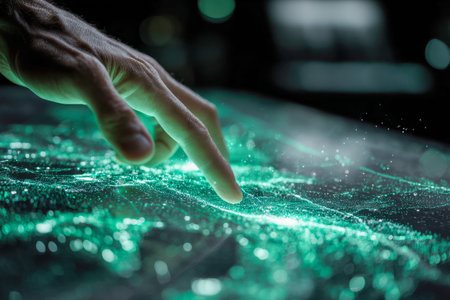 A human digit gently taps a luminous, high-tech data network in a dim environment, embodying...