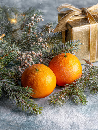 Vibrant oranges nestled among icy pine needles and cones, complemented by a shimmering gold-wrapped box, creating a warm festive atmosphere.の写真素材