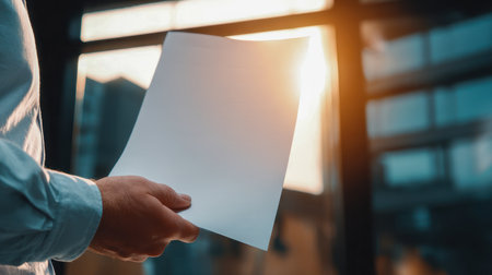 A hand presents a pristine, empty sheet as golden sunlight filters through office glass, casting a cozy glow against a sleek cityscape backdrop.の写真素材