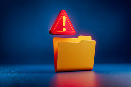 A vivid yellow digital folder icon features a prominent red warning triangle, signaling a critical issue or data error amid a softly blurred blue interface backgrounの写真素材