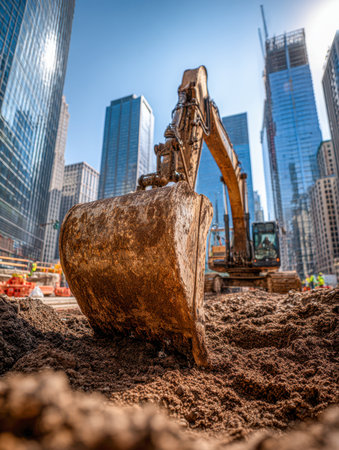 A massive earth-moving vehicle with a weathered, rusty scoop operates amidst a bustling cityscape of sleek glass towers, under bright sunlight and a cloudless sky.の写真素材
