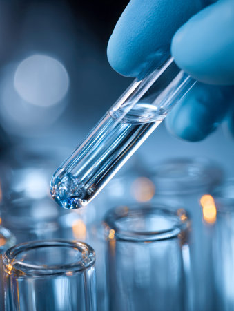 A researcher in protective blue gloves carefully lifts a test tube containing a transparent...