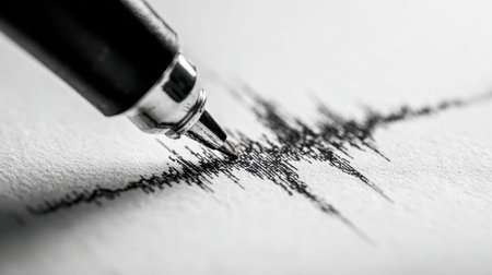 A detailed ink sketch of complex seismic vibrations on rough paper, capturing the essence of...