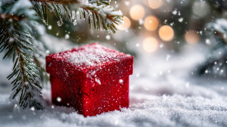 A shimmering crimson present dusted with snow, nestled among frosted pine boughs, with warm bokeh...
