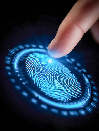 A single hand gently presses a luminous blue scanner, illuminated with high-tech biometric graphics,...