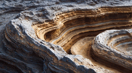 A striking geological display featuring intricately layered sediments, unfinished weathered...