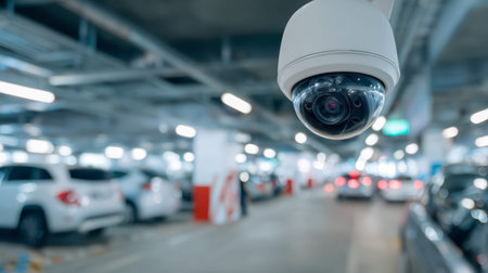 A sleek surveillance dome camera keeps watch over the illuminated, contemporary parking facility...