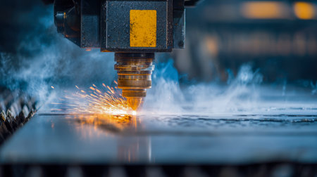 A sleek industrial device emits radiant sparks and smoky plumes as it skillfully carves intricate...