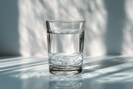 A clear glass of water creates gentle reflections of sunlight on a pristine surface, set against a...