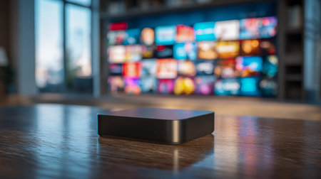A sleek streaming gadget rests on a rustic wooden surface, surrounded by contemporary decor, as a...