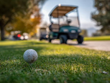 A pristine golf ball perched on a tee, set against a vibrant backdrop of softly blurred carts and rolling greens, basking in golden autumn sunlight.の写真素材