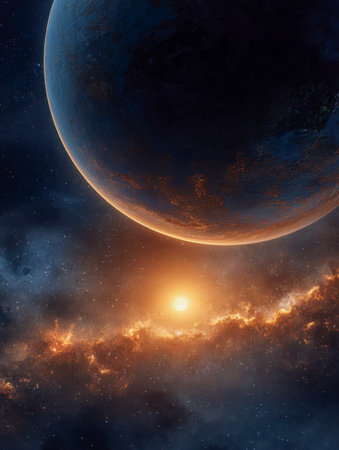 A breathtaking celestial vista showcasing a colossal planet with intricate surface patterns,...