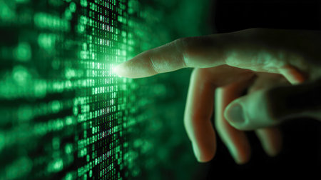 An individual engaged with luminous streams of digital data and binary sequences in a shadowy setting, embodying advanced virtual interactions and cutting-edge technの写真素材