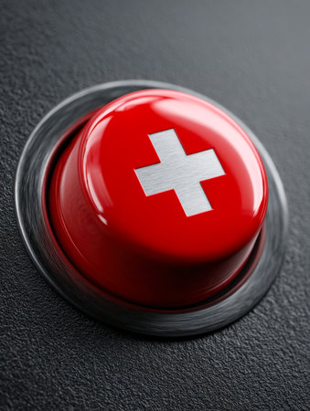 A vivid red button featuring a white medical cross, set against a rugged black backdrop, signaling a prompt response in vital health or safety emergencies.の写真素材