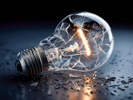 A glowing filament inside a shattered bulb rests on a glossy surface, casting subtle light amid dark...