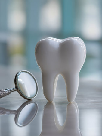 A radiant enamel replica paired with a magnifying device creates a focus on detailed oral health, set against a sleek surface with a softly blurred backdrop.の写真素材
