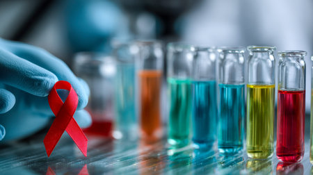 A scientist gently displays a vibrant red ribbon amid an array of vivid liquid-filled glass...