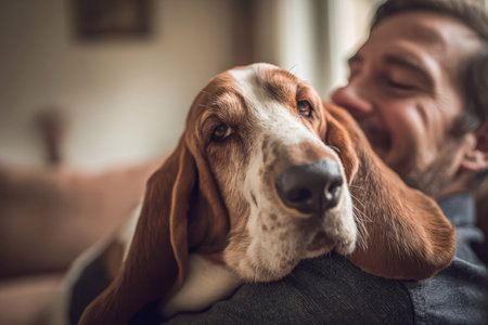 A man gently embraces his lovable basset hound in a snug, inviting space, radiating comfort, love,...