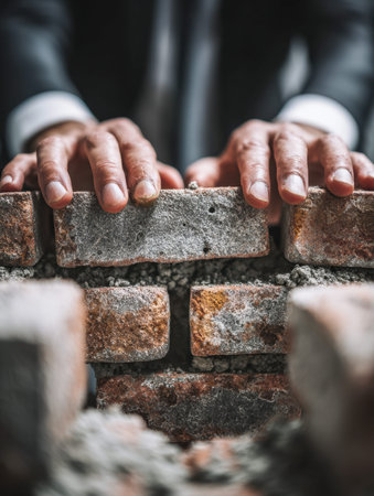 A skilled craftsman's hands delicately positioned weathered bricks, ensuring stability as fresh...