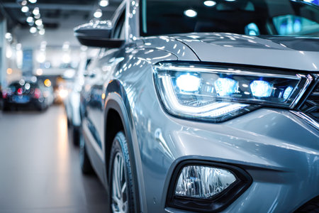 Sleek gray car with glowing front lights stands prominently in a luminous showroom, reflected on the glossy floor, surrounded by premium models exuding elegance.の写真素材