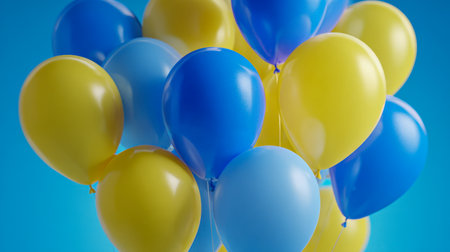 A lively bunch of yellow, cobalt, and pale blue balloons ascends against a vivid blue backdrop, evoking joy and celebration perfect for festive occasions or specialの写真素材