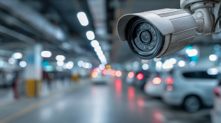 A security camera scans a vibrant, illuminated parking lot with motion-blurred vehicles and soft glowing lights, emphasizing safety and vigilant oversight.の写真素材