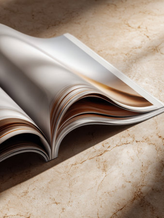 A sophisticated magazine lies open on a smooth marble table, its delicately curled pages creating intricate shadows under gentle sunlight, perfect for artistic displayの写真素材