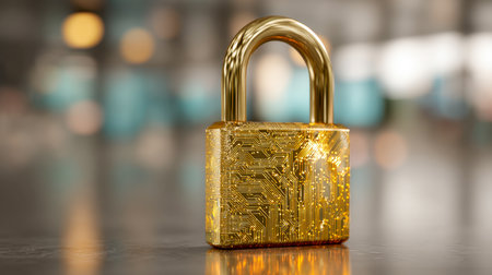 A luminous gold lock featuring intricate circuit designs, representing cutting-edge cybersecurity and robust digital safeguards, set against a glossy surface with aの写真素材