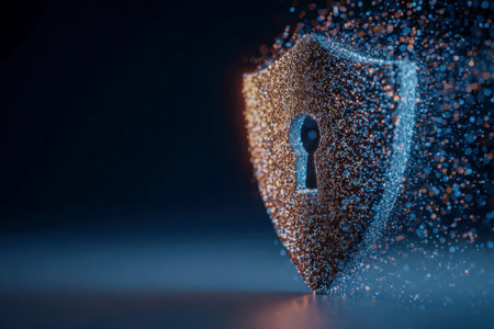 A sleek, high-tech barrier of glowing digital particles encircles a central keyhole, embodying advanced data security and privacy in a futuristic deep blue setting.の写真素材
