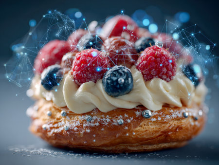 A decadent dessert featuring vibrant berries, smooth frosting, and shimmering accents, set against a backdrop inspired by intricate digital connectivity patterns.の写真素材
