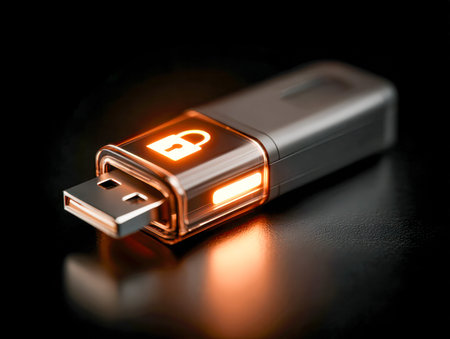 A sleek, high-tech usb device featuring an orange-lit padlock icon on a matte black surface,...